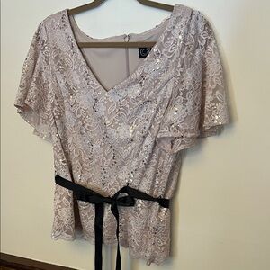 Alex Evenings Beige Lace Sequin V-Neck Top with Black Ribbon